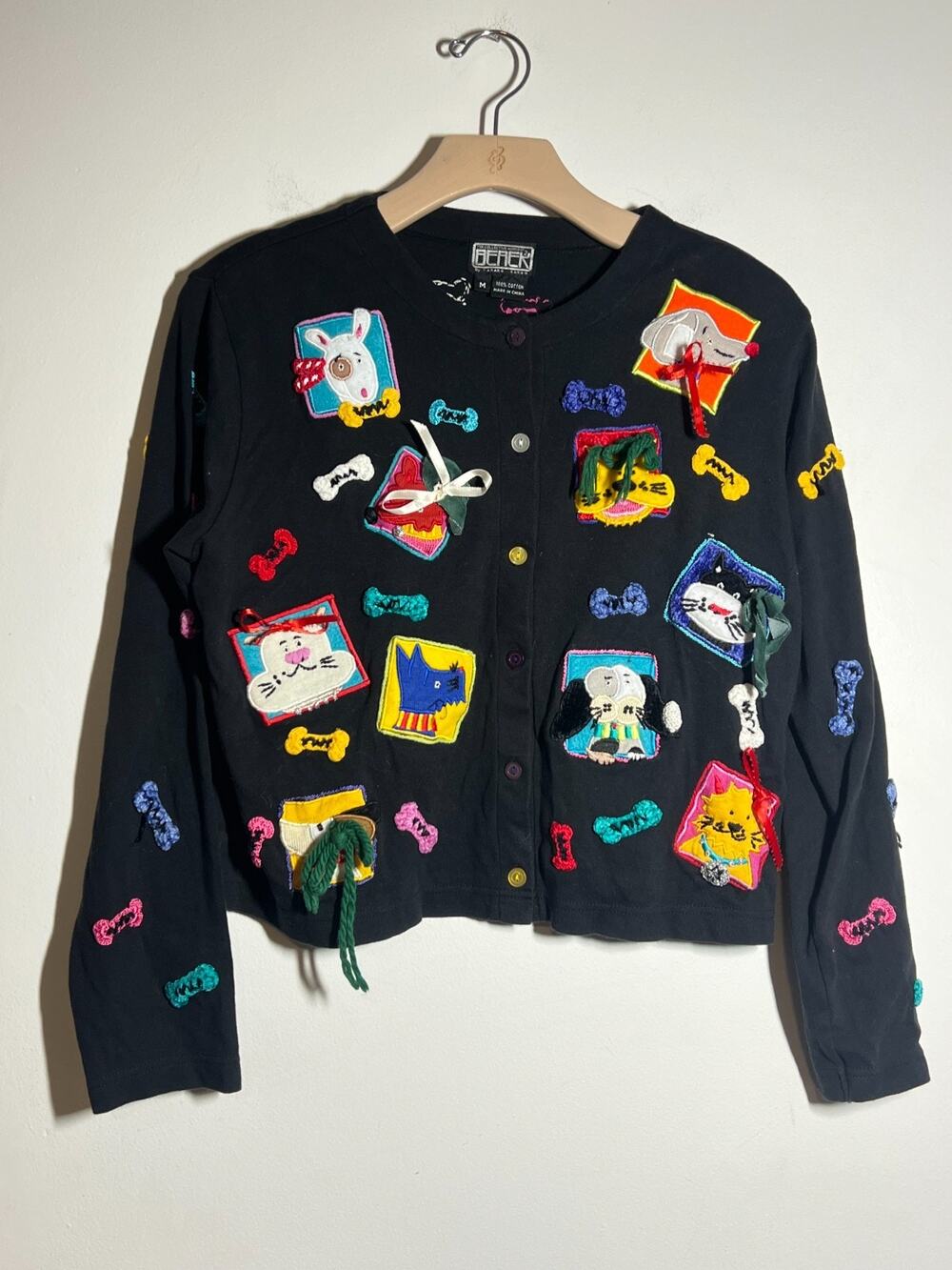 VTG Berek Takako Sakon Black Multi Cotton Whimsical Dog Bone Cardigan Sweater M